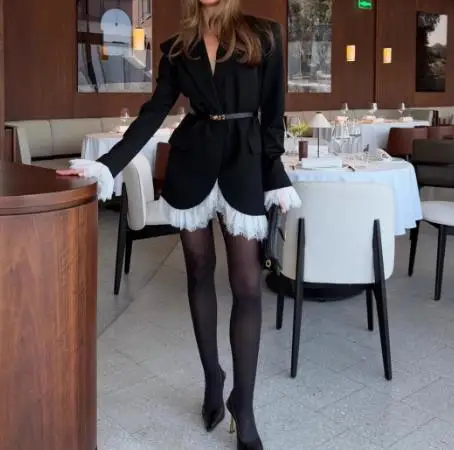 Blazer Dress Women Commuting 2025 Fashion Autumn New Style Black Women's Long Sleeve Lace Patchwork Temperament Mini Dresses