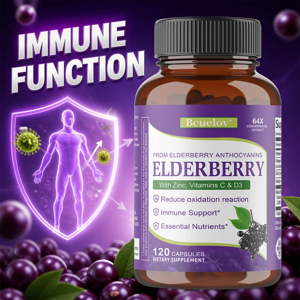 Organic Elderberry Capsules, with Vitamins C, D & Zinc Support, Reduce Oxidation Reaction, Immune Support, Essential Nutrients