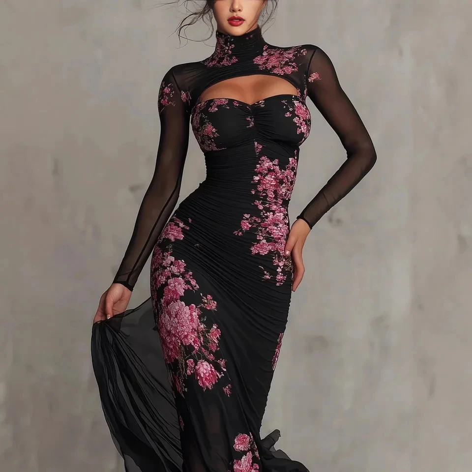 

2026 Summer New Womens Black Mesh Print Long Skirt Sexy Hollow Out Fishtail Evening Gown Dress