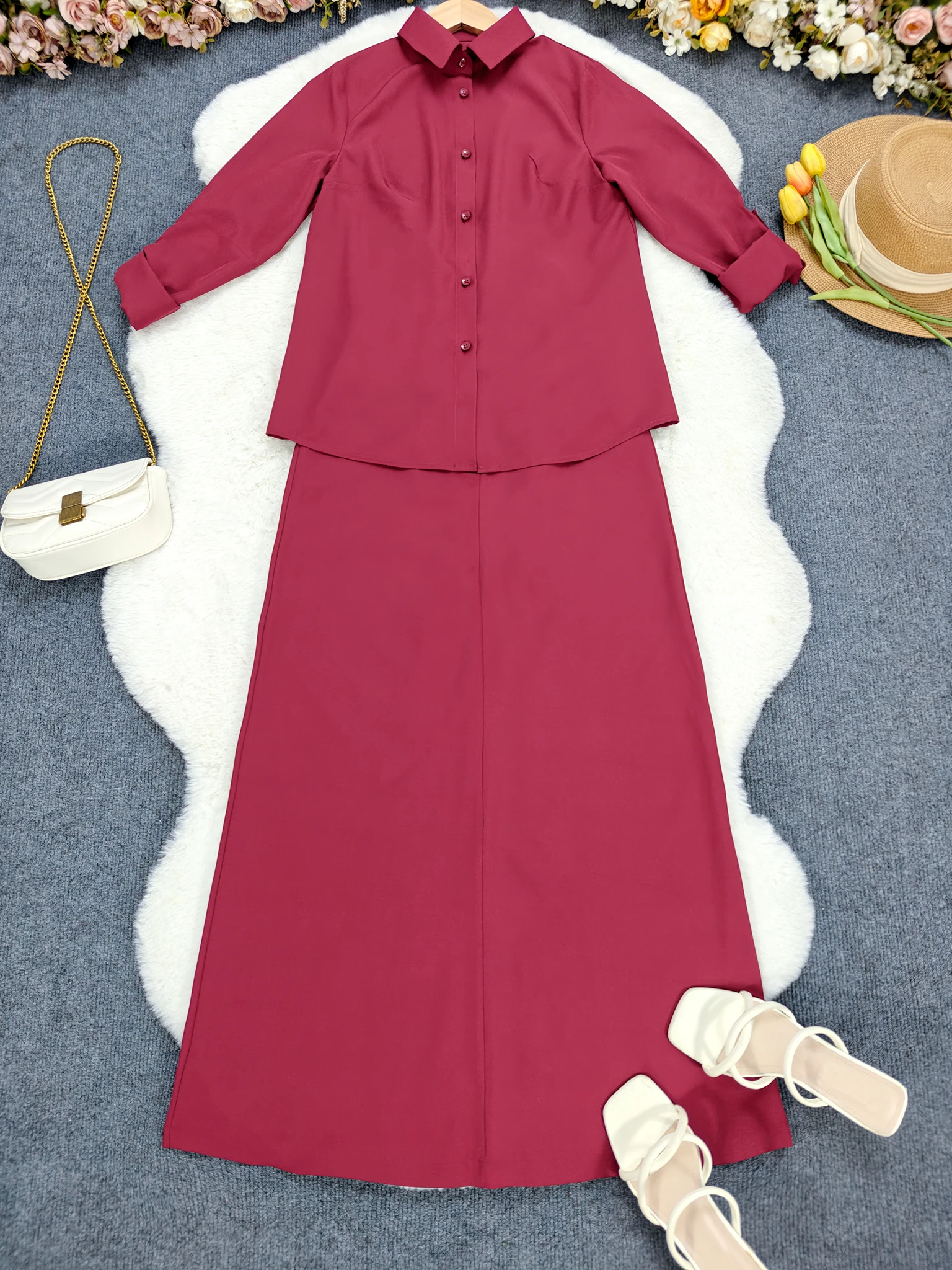여성용 솔리드 오피스 캐주얼 칼라 셔츠 & 미디 스커트 세트 (봄/여름/가을)