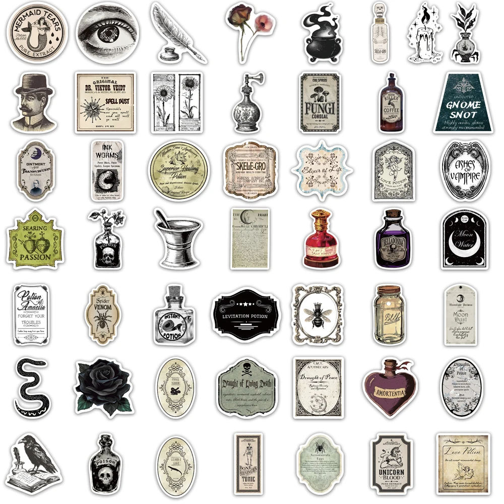 50PCS Gothic Apotheker Medikamente Label Aufkleber Scrapbooking Collage Material Skateboard Telefon Fall Gepäck Wasserdichte Aufkleber
