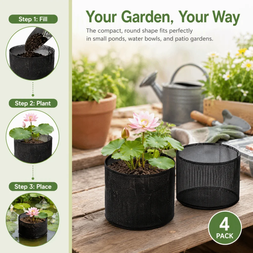 Durable 7 Inch Pond Plant Baskets PVC Black Water Garden Plant Pots 1/16 Inch Mesh Reusable Aquatic Plant Bags Terrestrial Plant
