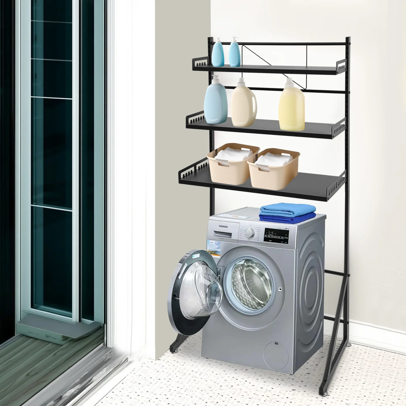

Черная полка для стиральной машины из углеродистой стали 69x40x161 см, 3-уровневая, с регулируемой высотой, усиленная опора