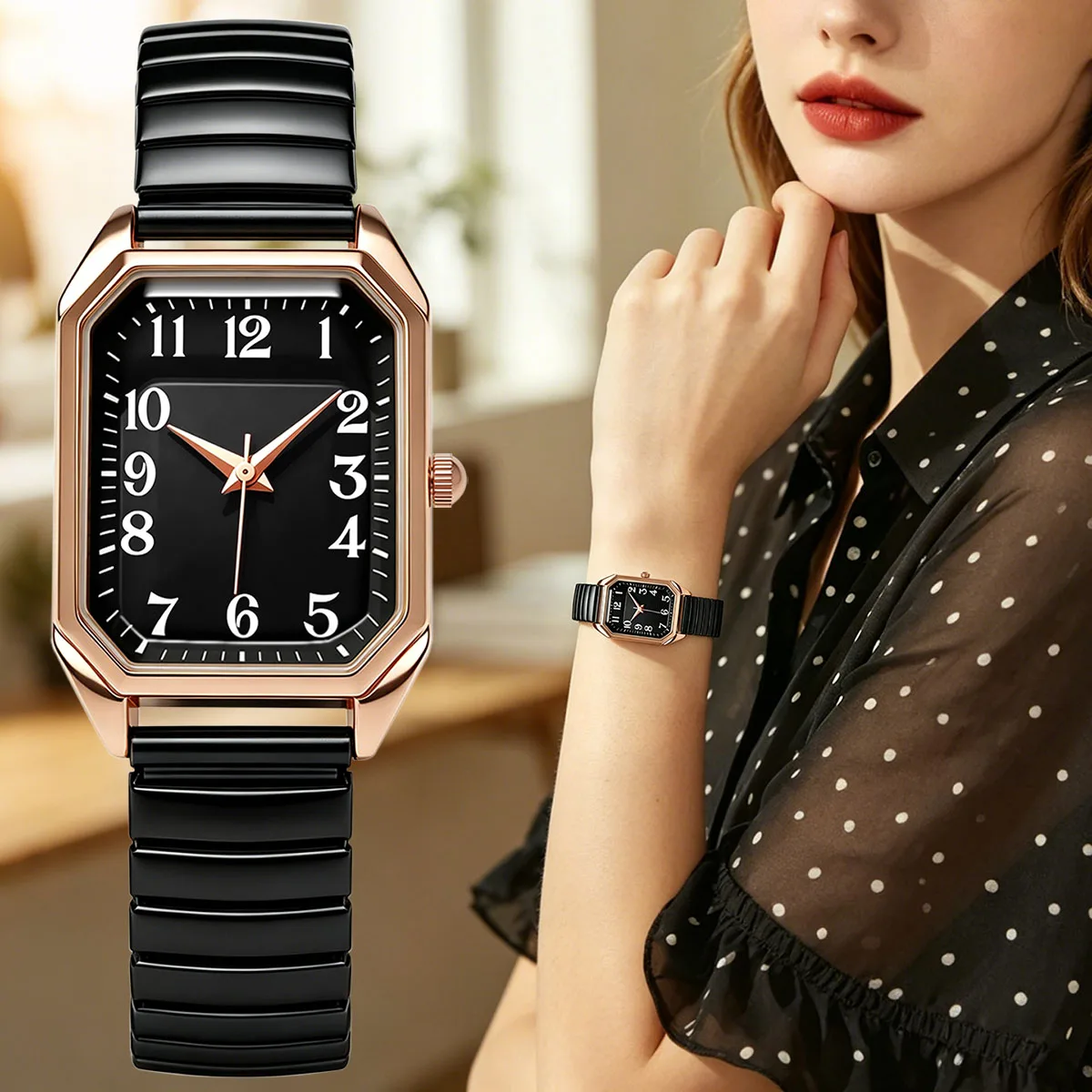 Business Luxury Simple Popular Fashion Elastic Strap Alloy Rectangle Women Ladies Quartz Watches