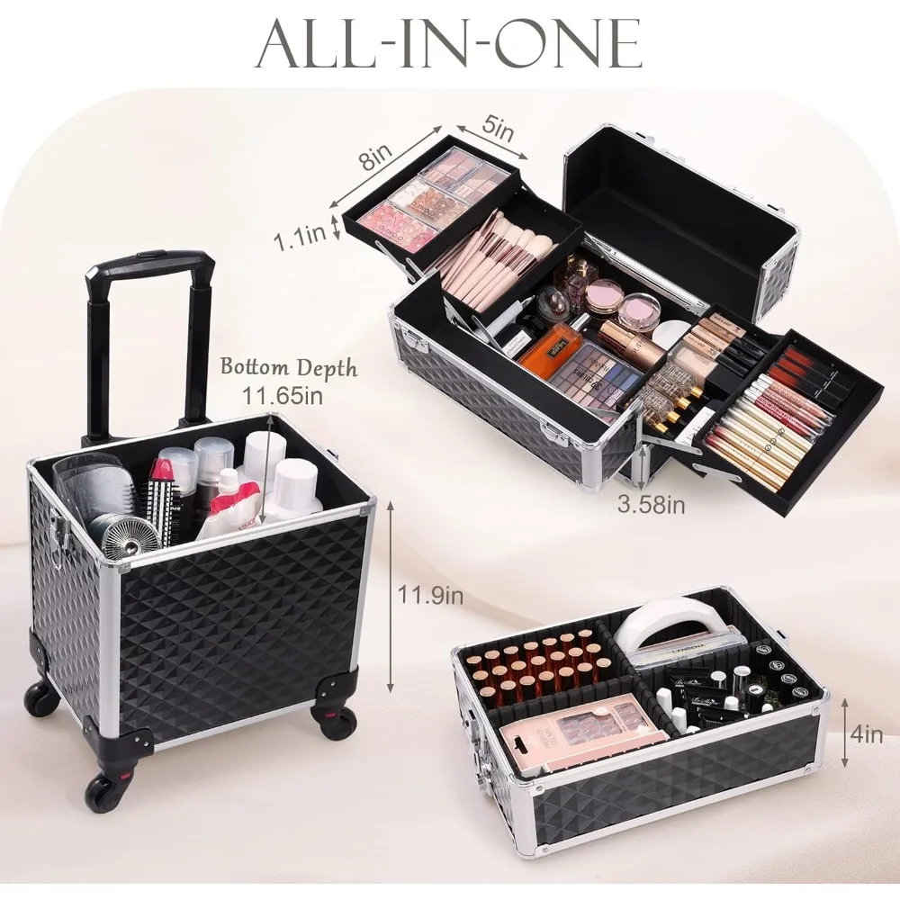 Adazzo 3 in 1 Professional Rolling Makeup Train Case Aluminum Trolley Case with 360° Rotation Wheels for Makuep Artist Cosmetic