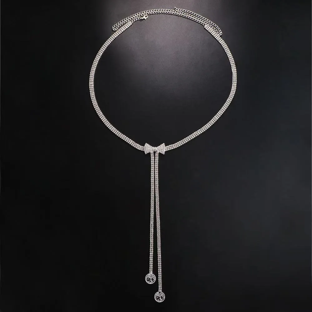 Elegant Rhinestone Body Harness Bowknot Pendant Silver Adjustable Body Chain Women Club Boho Festival Beach Wear Body Jewelry