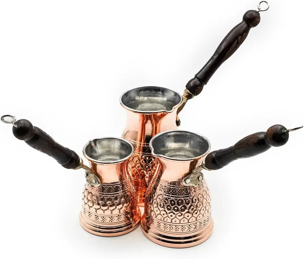 Copper Coffee Pot Cezve Set 3-Piece Droplet Design Handmade from Gaziantep Traditional Turkish Coffee Maker with refined Finish