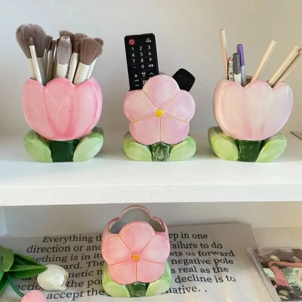 Ceramic Flower Makeup Brush Storage Bucket Tulip Flower Retro Flower Cute Flower Table Storage Cute Pen Container