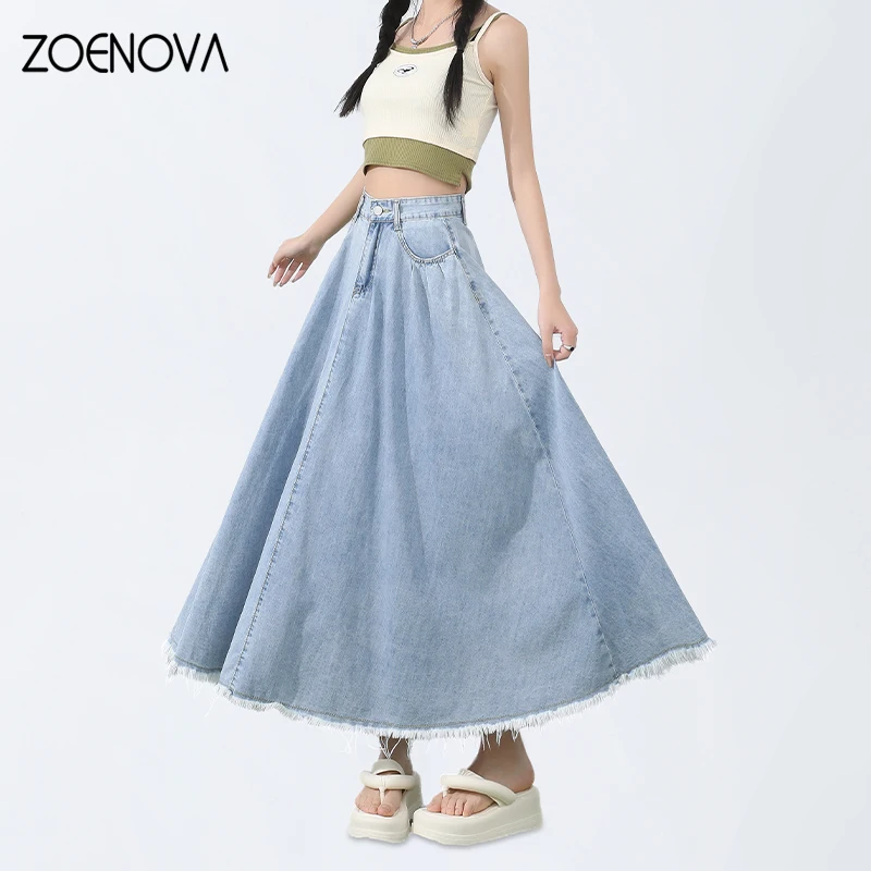 

ZOENOVA Hepburn Style Soft Lyocell Ice Silk Denim Skirt Office Ladies Fashion Thin Summer Loose A-line Casual Versatile Culottes