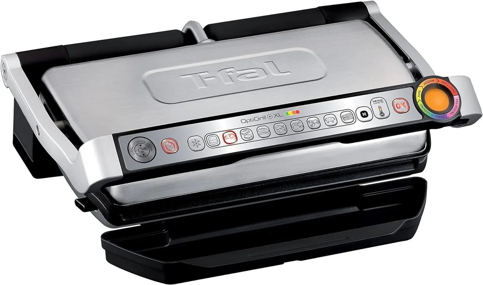 T-fal OptiGrill griglia elettrica in acciaio inossidabile 4 porzioni 6 modalità di cottura automatica, grigliate intelligenti rare to ben fatte 1800