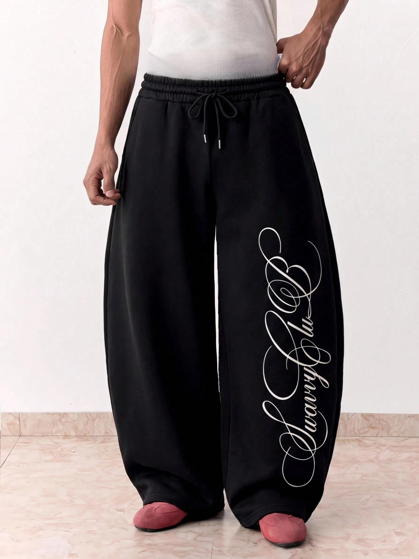 Men's Casual Loose-fitting Long Sweatpants for Spring and Autumn, Black, Double-layer Elastic Waistband, Rubber Print