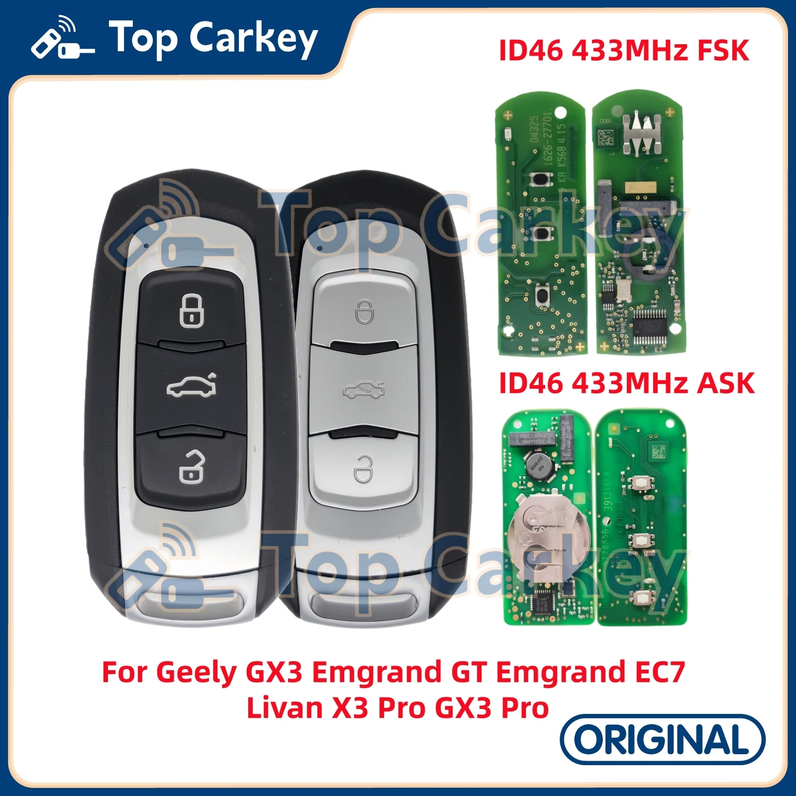 

TopCarkey Original Smart Remote Key ID46 Chip 433MHz for Geely GX3 Emgrand GT Emgrand EC7 Livan X3 Pro GX3 Pro