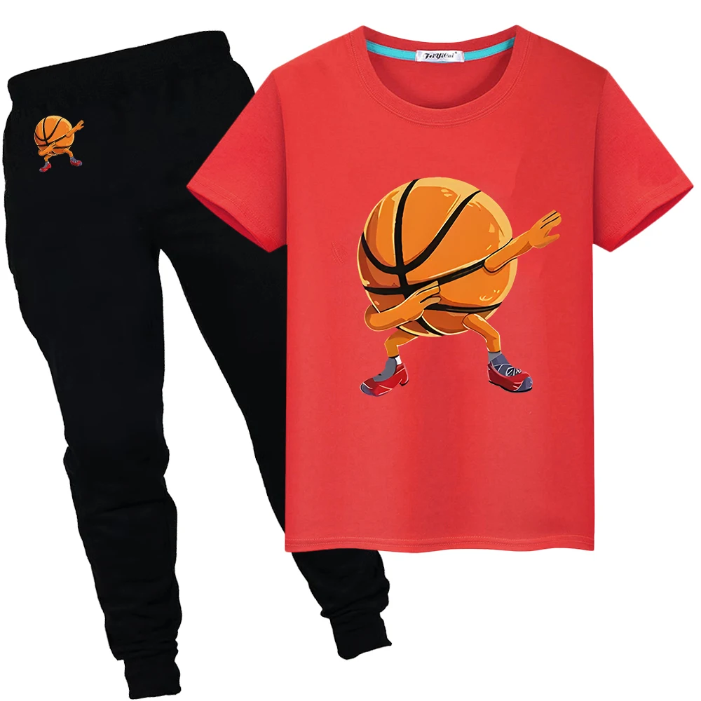 

child Day gift Basketball Print 100%Cotton T-shirts Sports Sets Kawaii Short Tops+pant Summer Cute TShirts y2k Boy girls clothes