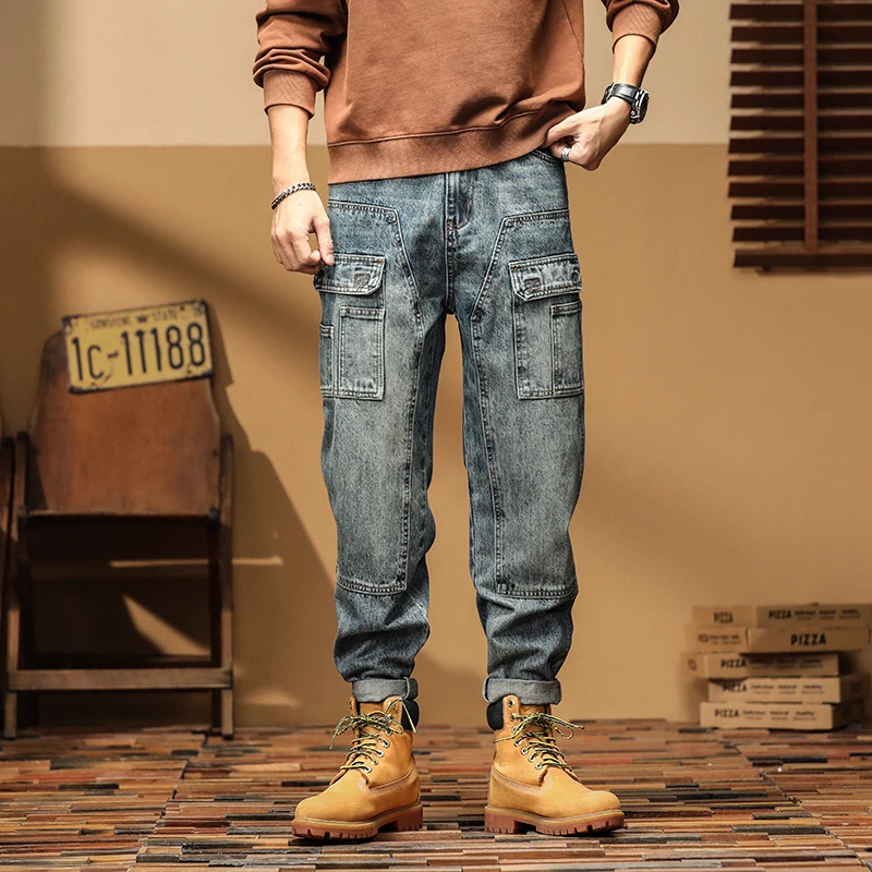 

American style retro jeans for men loose straight leg workwear multi pocket harem pants versatile casual pants baggy jeans