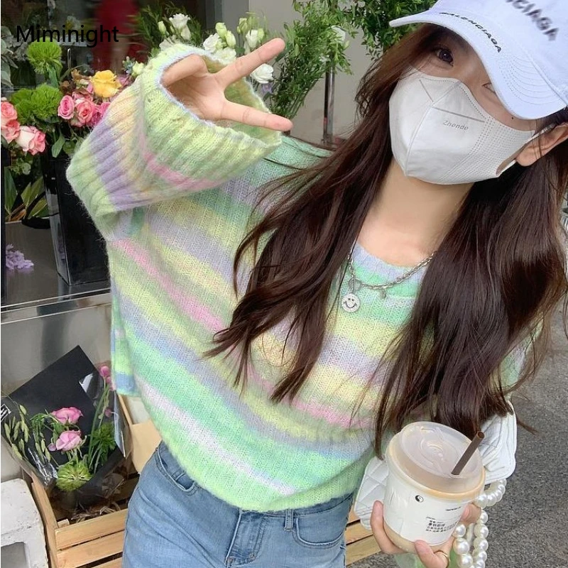 

Autumn Rainbow Striped Y2k Aesthetic Sweaters Grunge Loose Contrast Color Loose Jumpers Vintage Harajuku Women Hole Pullovers