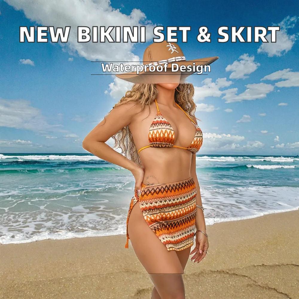 Striped Print Three Piece Set With Beach Skirt Waterproof Fashion Swimwear