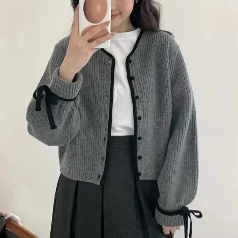 Deep Town Style Grey Knit Cardigan Young Woman Retro Casual Comfortable Sweater Harajuku Aesthetic Coat Fall