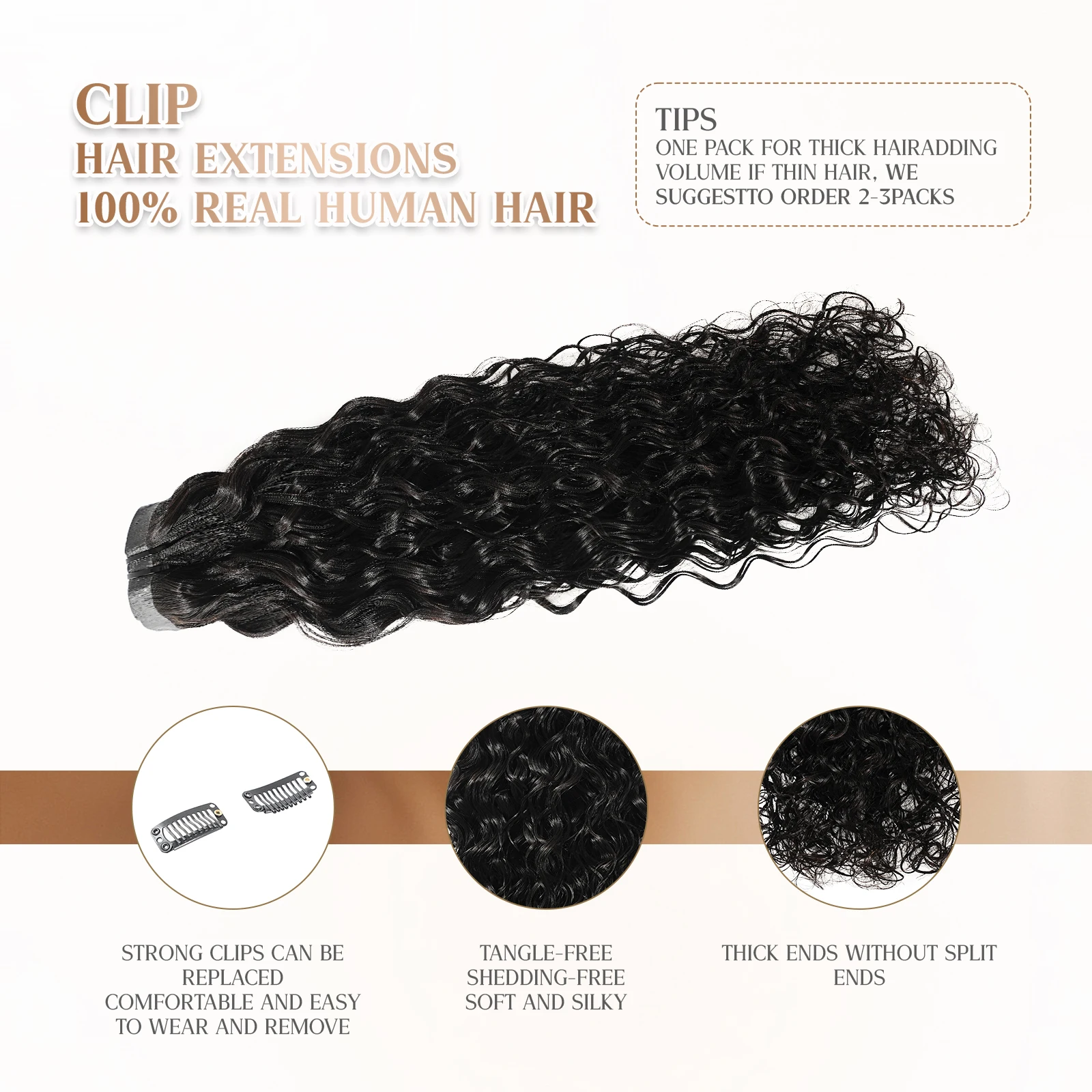 مشبك شعر حقيقي مجعد ومائي من WACUR، أسود طبيعي 100%، شعر بكر حقيقي، 110 جرام/6 قطع، غير مرئي، مناسب للنساء