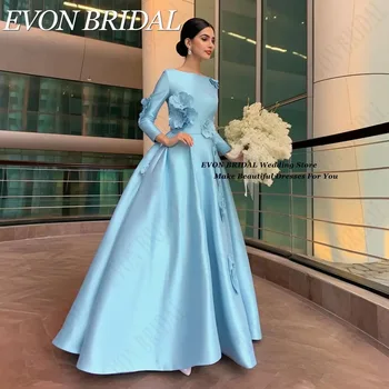 袖に青い長袖の花,夜のドレス,Aライン,サテン サウジアラビア女性舞踏会パーティードレス青い長袖花正式タキシードaサテン サウジアラビア女子舞踏会パーティードレスブルー長袖フラワーフォーマルイブニングドレスA字サテン