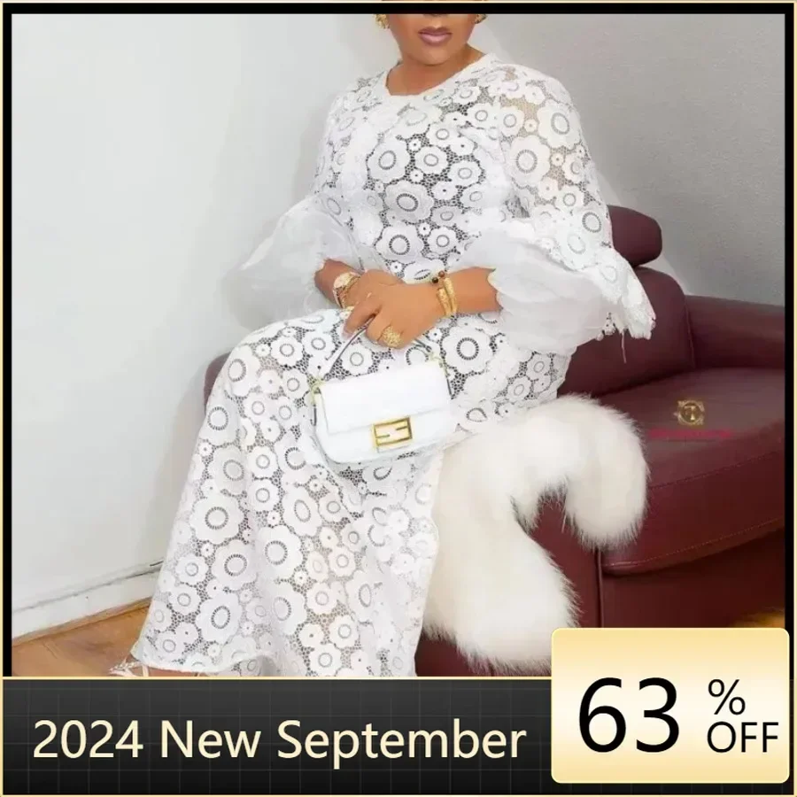 White African Dresses For Women Hollow Out Elegant 2024 New Muslim Fashion Abayas Dashiki Robe Kaftan Long Maxi Dress One Piece