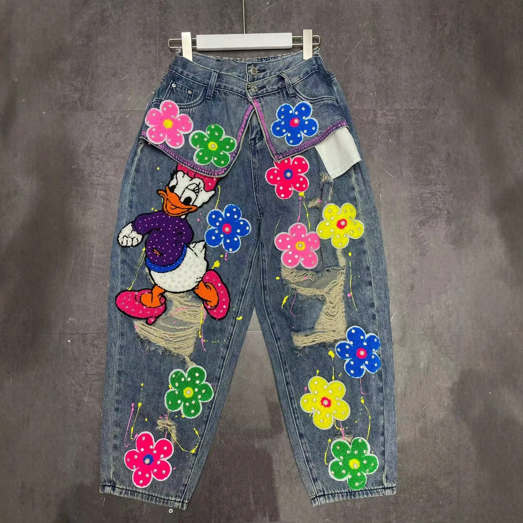 

Модные женские джинсы, новинка 2026, весна-лето, граффити, бриллианты, вышивка, универсальные свободные джинсовые прямые брюки с высокой талией