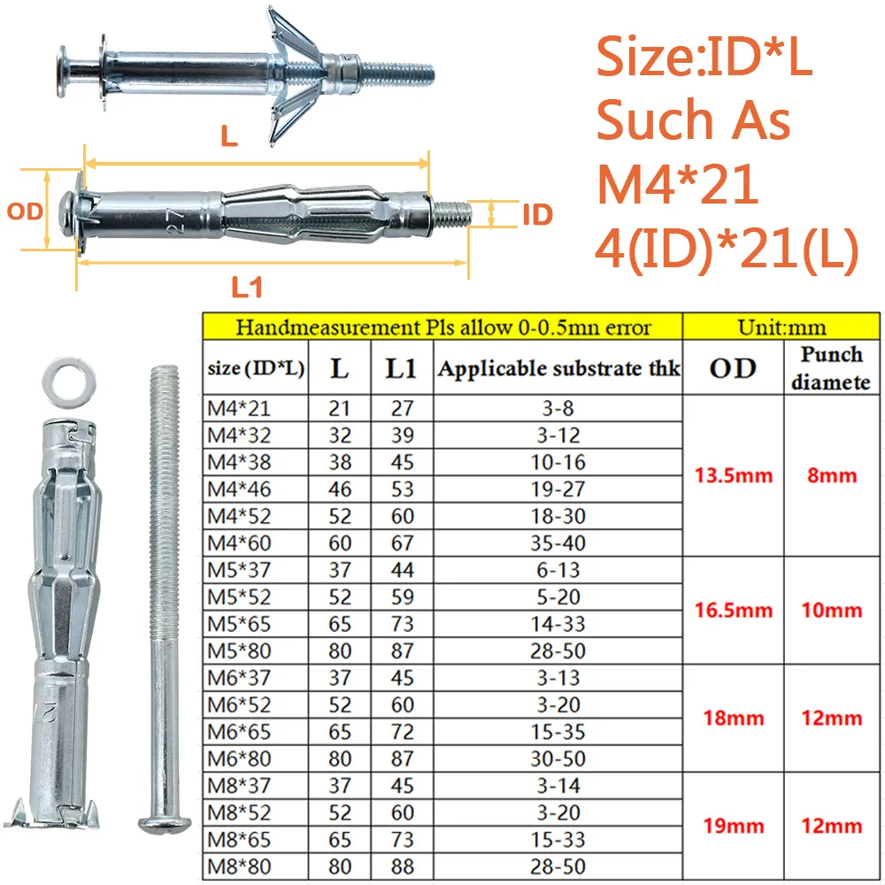 Anclajes de pared huecos M4 M5 M6 M8, tornillo de expansión para tablero de yeso, fijación de tornillo de pared, Kit de tornillos de expansión de Metal para tablero de yeso