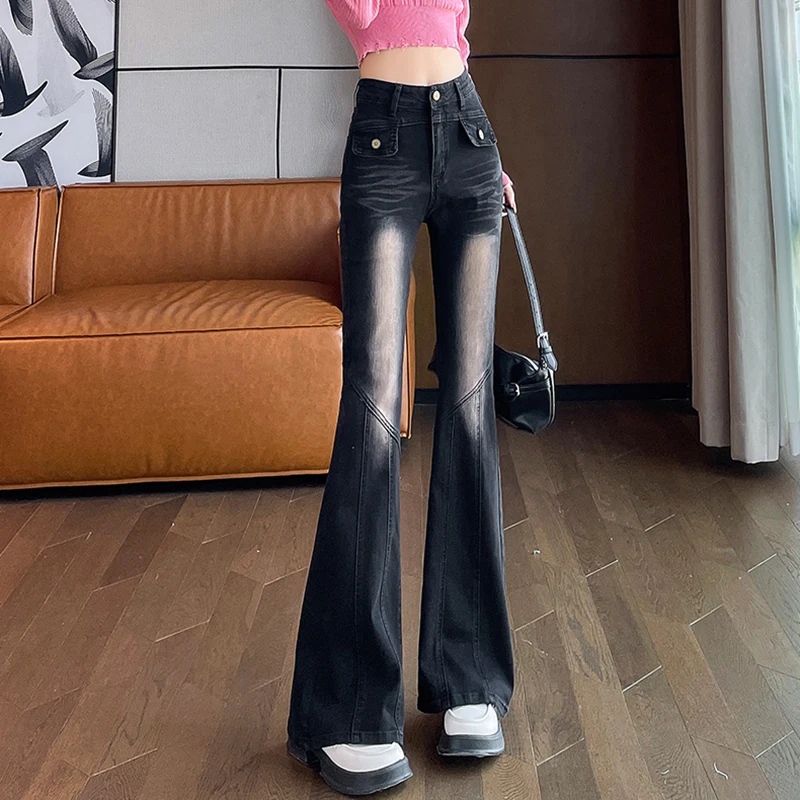 Woman High Waist Punk Flare Jeans Female Vintage Elastic Bell Bottom Pants Girls Fashion Designer Blue Black Grey Denim Trousers