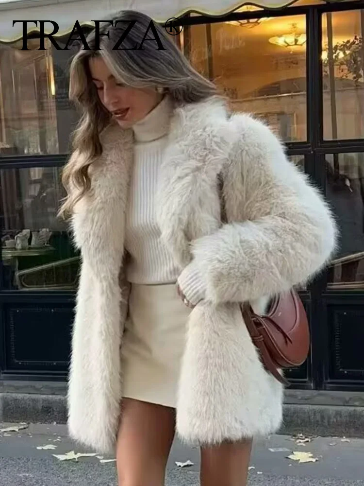 

TRAFZA Winter Women Fashion Solid Faux Fur Effect Long Sleeve Cardigan Coat Female Loose High Street Pockets Overcoat Mujer