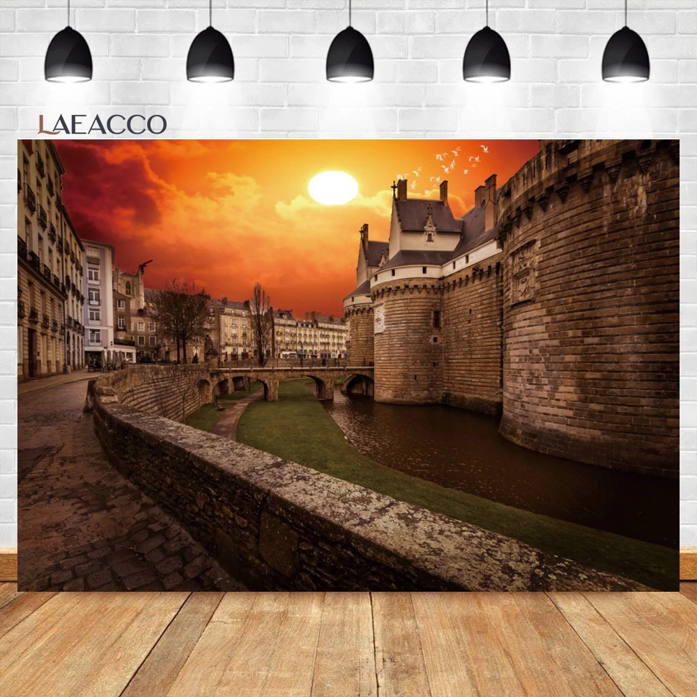 Laeacco Medieval Castle Backdrop European Stone Fairytale Florets Meadow Historic Architecture Portrait Photography Background