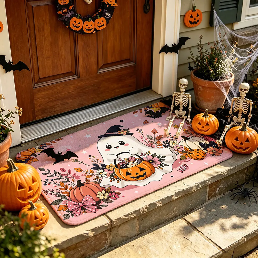 Home entrance water-absorbent floor mat pink background cute ghost pumpkin flower bouquet decorations suitable decoration