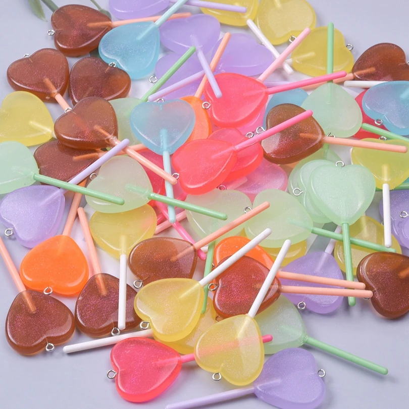 10pcs Colorful Heart Lollipop Charm for Jewelry Making Resin Bling Glitter Pendant Earrings Keychain DIY Craft Girls Kids Gifts