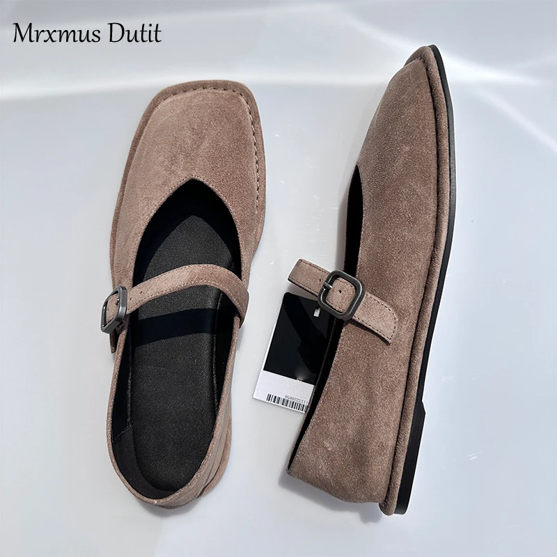 Mrxmus Dutit Suede Leather Shallow Cut Flat Shoes 2024 New Retro Sand Yellow Ballet Shoes Minimalist Commuter Women's Shoes