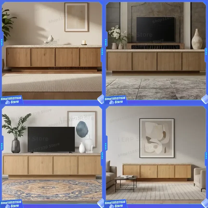 Solid Oak Wood TV Stand with Marble Top 4 Door Media Console Cabinet for American Living Room Furniture Set Deluxe Style Home