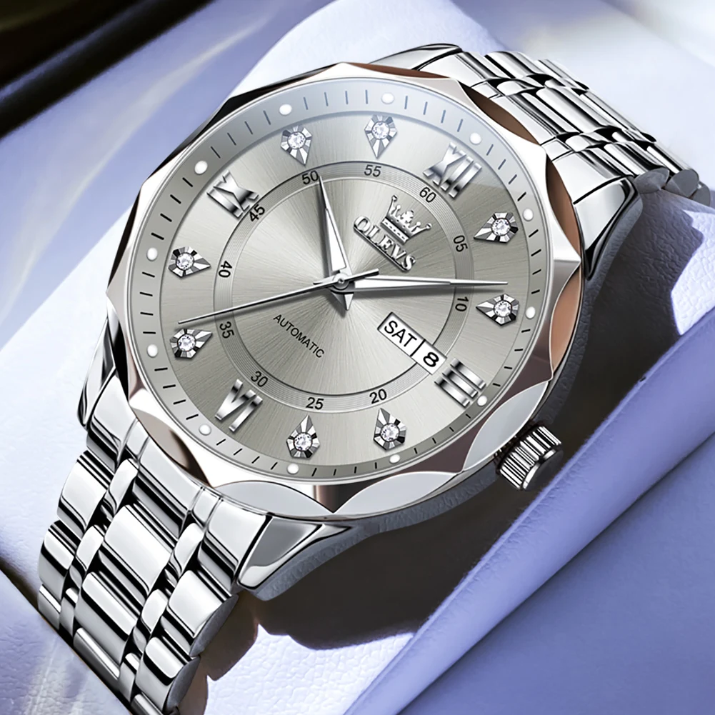 OLEVS Men Automatic Mechanical Watch Silver Solid Stainless Steel Bracelet Date 30m Waterproof Luxury Business Male Wristwatch