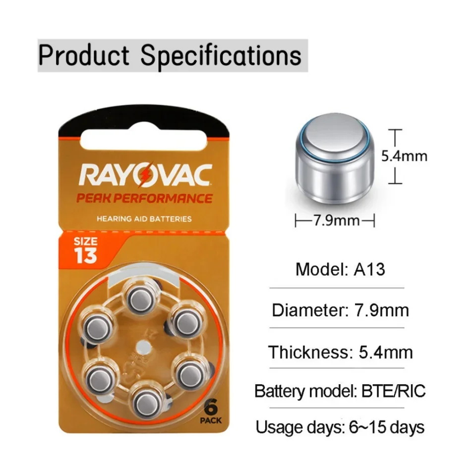Zinc Air Hearing Aid Battery A13 PR48 1.45V 60 Pack Replacement Battery For Hearing Aid, Peak, Size 13, Long Lasting Power