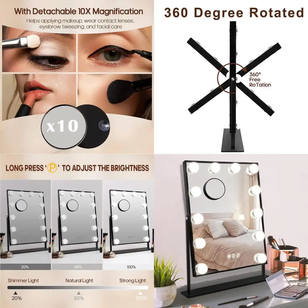 Miroir de courtoisie éclairé avec 12 lumières LED, commande tactile et grossissement 10X