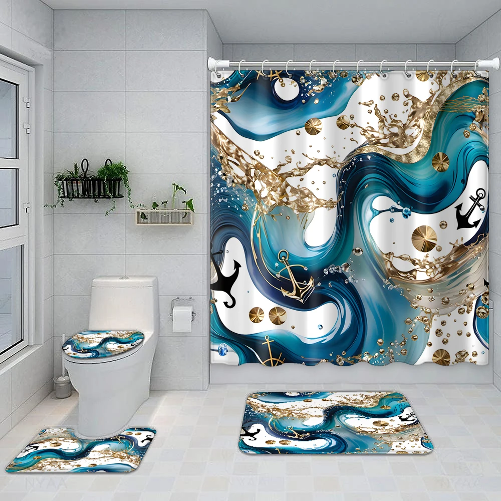 

1 комплект занавесок для душа с принтом и крючками, коврик для туалета и ванной комнаты, принадлежности для ванной комнаты, синие и золотые волны, якорь для корабля