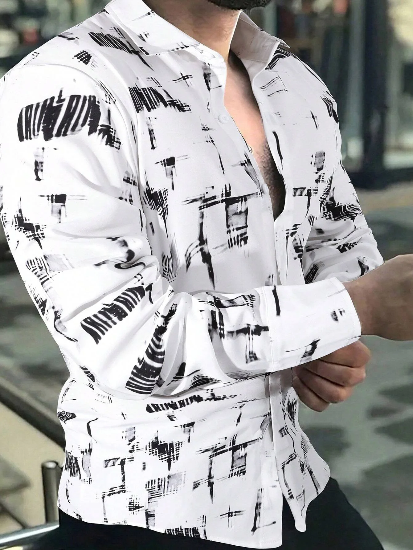 New Men's Shirt 3D Simple Line Print Clothes Fashion Button Lapel Street Trend Men's Hawaiian Long Sleeve Shirt