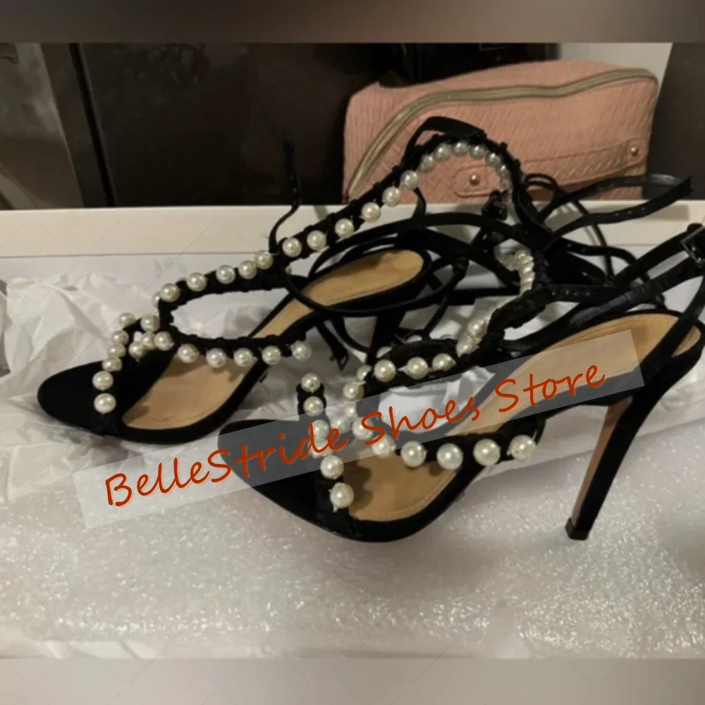 Preto dedo do pé redondo sandálias de pérola oco para fora dedo do pé aberto sapatos femininos stilettos salto alto festa banquete namoro 2025 zapatos para mujere