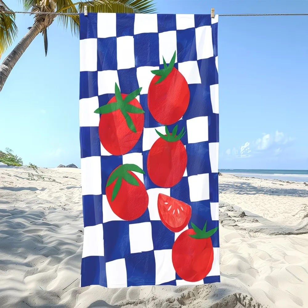 Aesthetic Red Tomato XL Microfiber Beach Towel, Extra Large Blue Gingham Bath Towel, Oversized Wide Travel Blanket Pool Mat