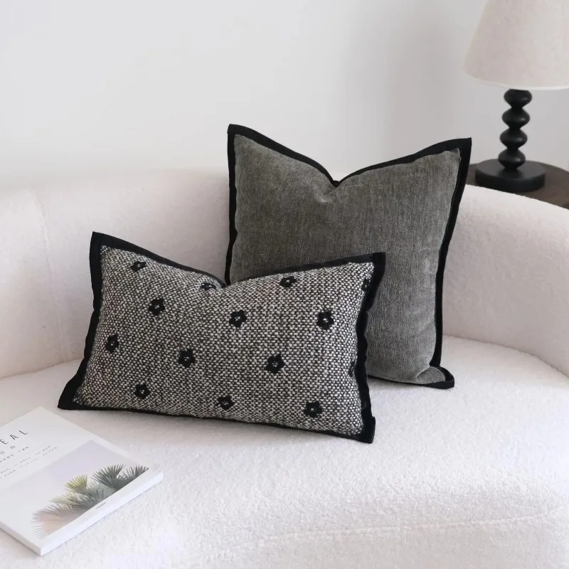 Black Gray Texture Jacquard Woven Cushion Cover Retro Flower Embroidery Pillow Case Pillow Covers Decorative Modern Luxury Home