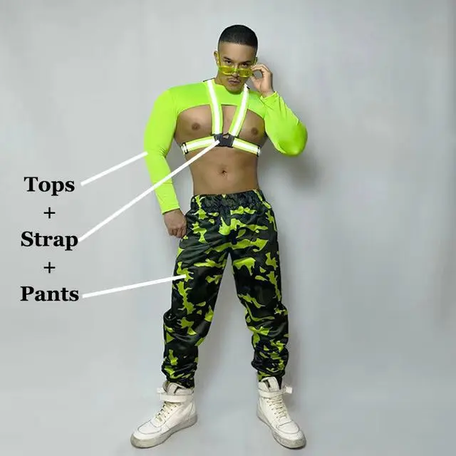 Fluorescence Green Tops Camouflage Pants Reflective Straps Outfit Nightclub Dj Ds Costume Muscle Man Gogo Dancing Clothes