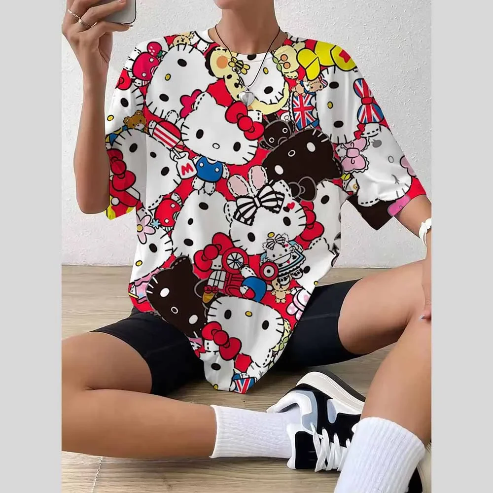ハローキティトップスファッション Tシャツストリートウェア女性面白い快適な半袖 Tシャツ服ファッションカジュアルガールトップ