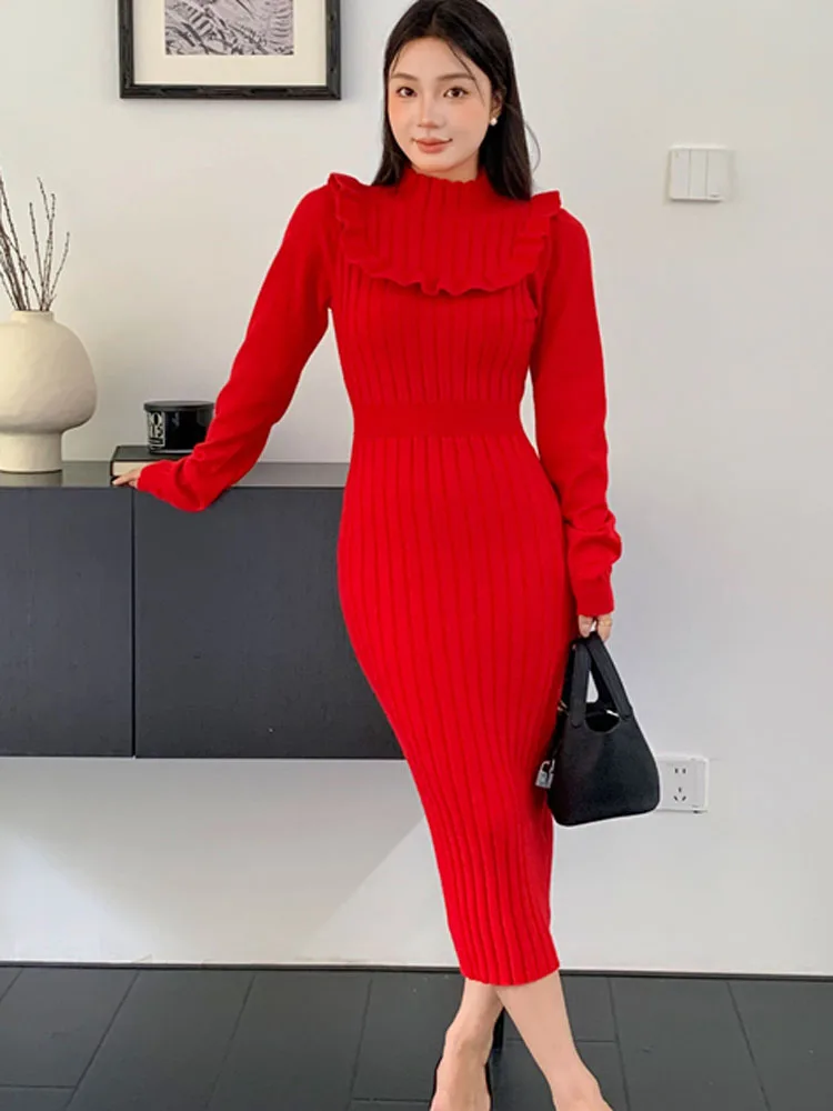 Automne hiver femmes rouge volants tricot robe moulante femme à manches longues mince solide pull dames mode gaine longues robes