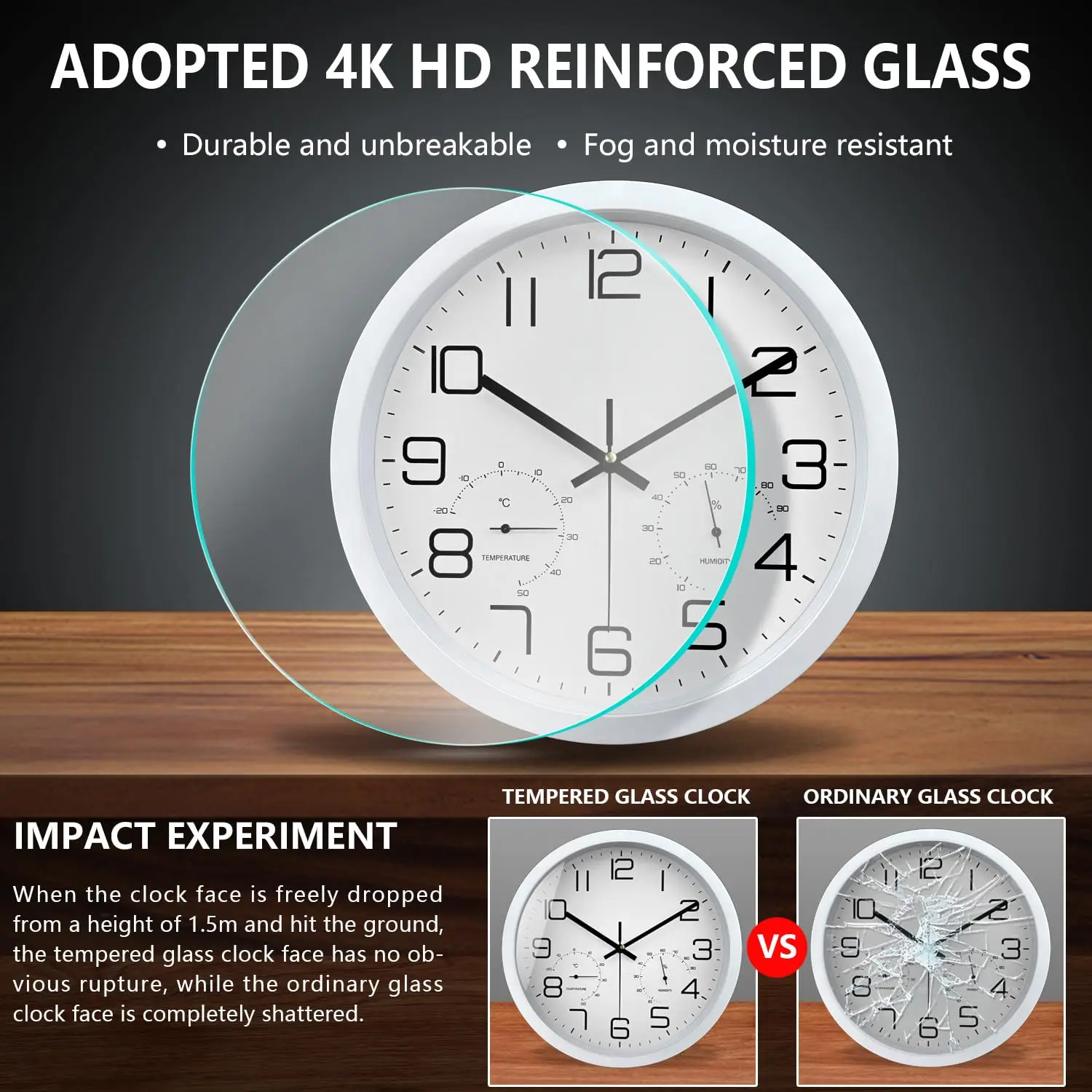 12 inch Modern Wall Clock with Temperature and Humidity Display Silent Quartz Clock for Home Office Kitchen Decor Easy to Read view 3