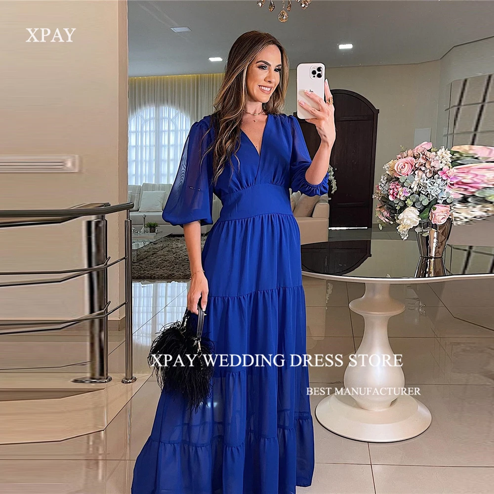 XPAY gaun malam wanita Arab sifon a-line Biru Vintage lengan setengah leher V Tiered lantai panjang pesta Formal gaun Prom