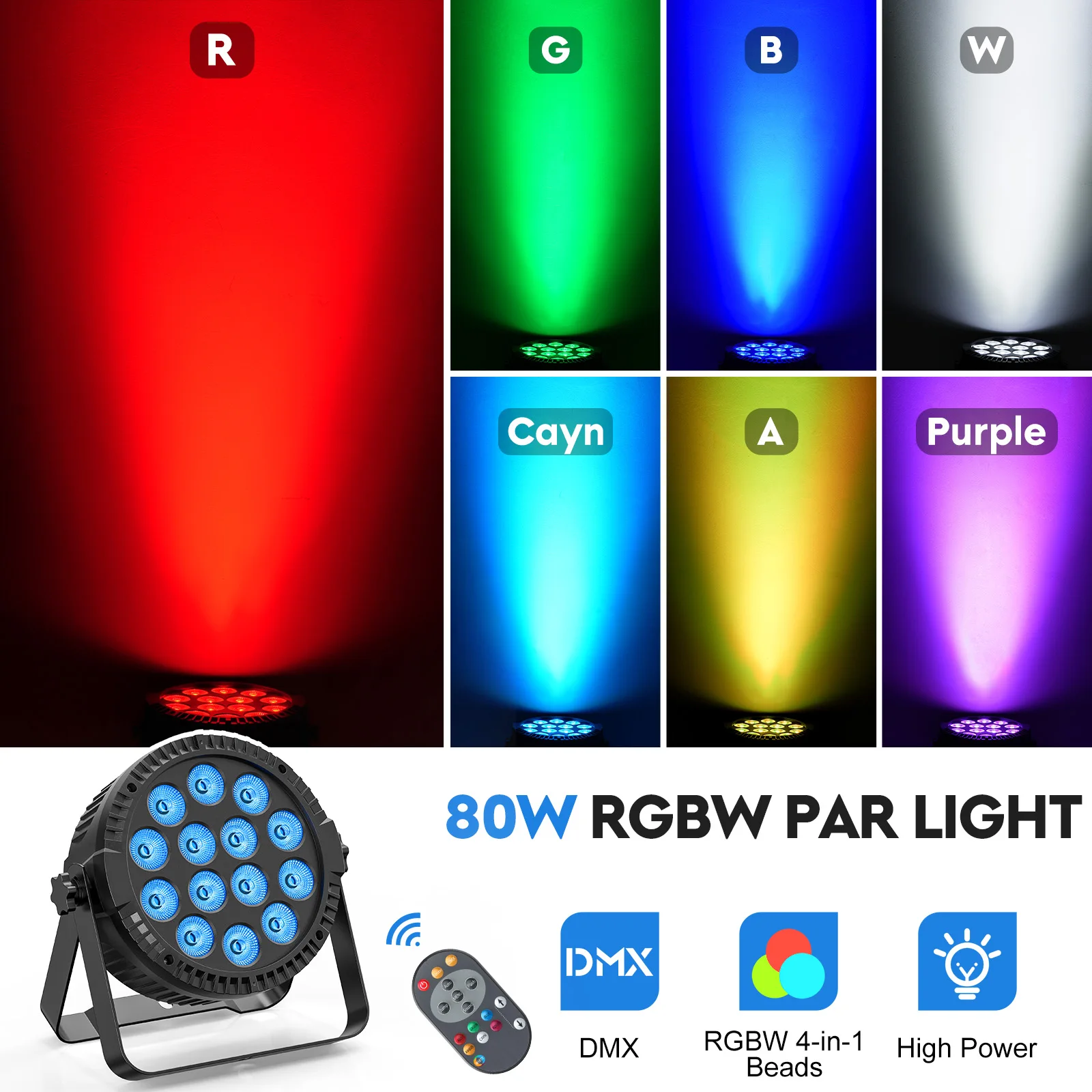 Fieryzeal 4PCS 80W RGBW Par Light DMX512 Control Flat Stage Light 14x6W 4IN1 LED Stage Effect Light for DJ Disco Bar Concert