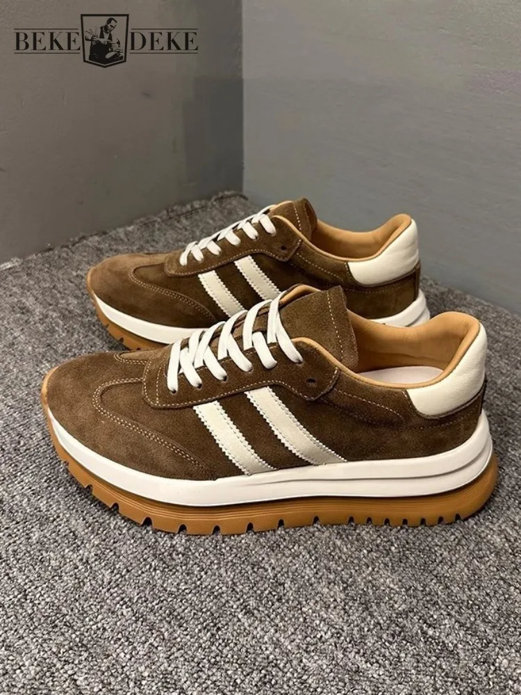 

Genuine Leather Shoes Men Fashion Spring Casual Jogger Sneakers Lace Up Round Toe Suede Cowskin Mixed Colors Platform Shoes New