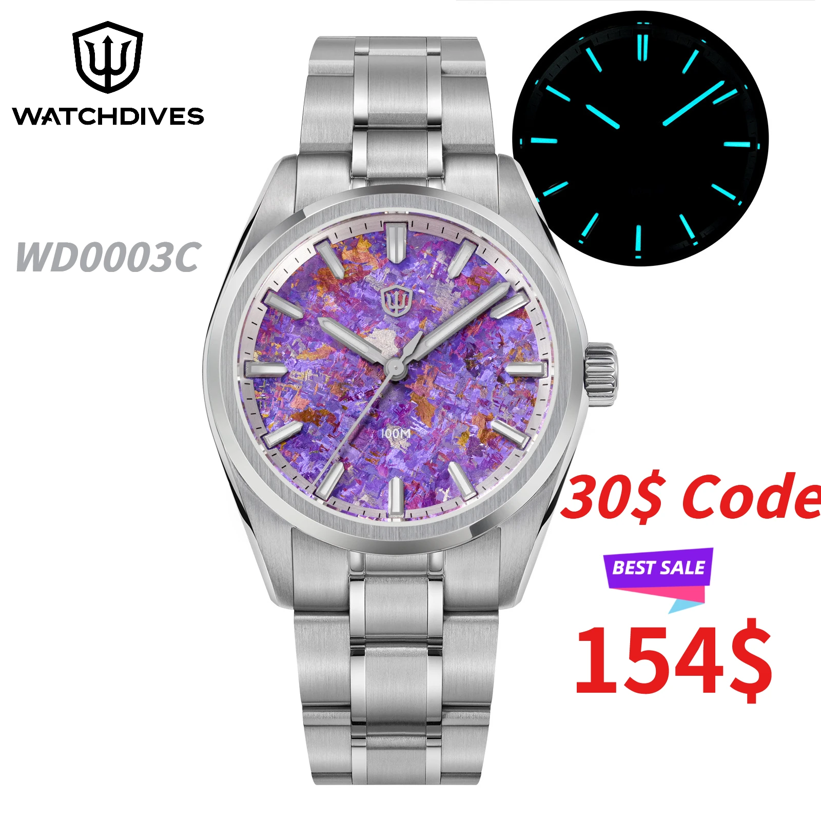 Watchdives WD0003C Quartz Watch Ice Crystal Titanium Finish 38mm VH31 Sweep Movement Sapphire Crystal Aventurine Dial 100M Water
