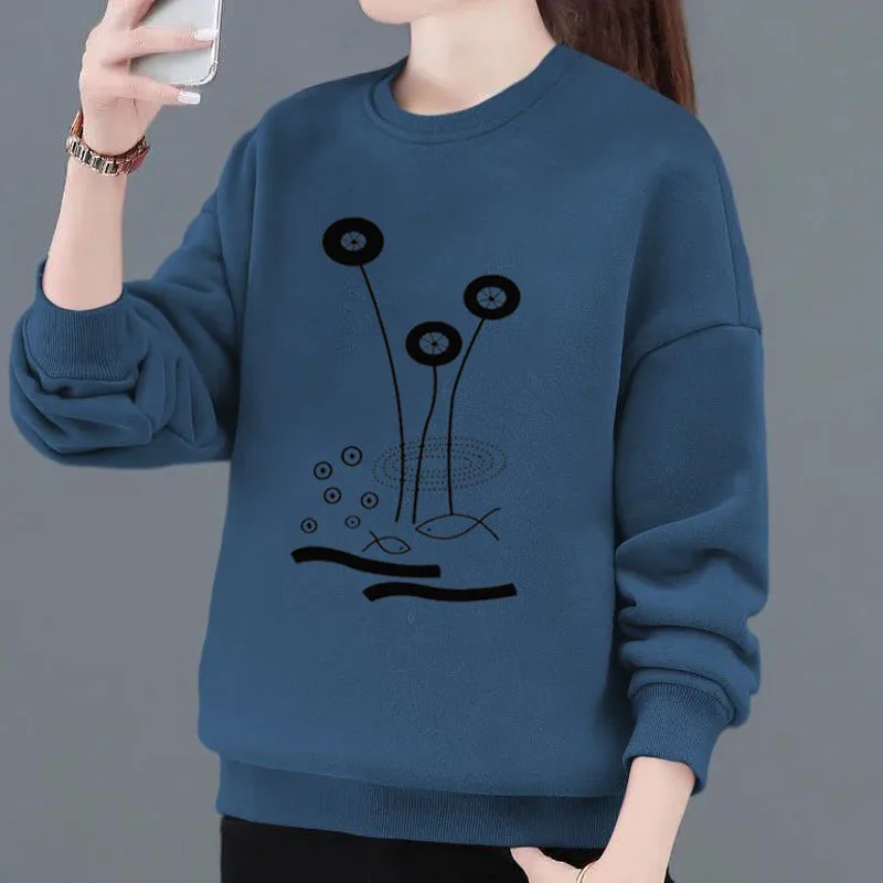 Autumn Winter Fashion Women\'s Thick Printed Round Neck Sweatshirts Casual Long Sleeve All-match Pullovers Tops Female Clothing